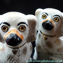 Load image into Gallery viewer, LARGE Antique Pair of Staffordshire Dogs Chimney Spaniels / Wally Dugs; 11 1/2 inches. Yellow glass eyes, 1880s
