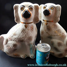 Load image into Gallery viewer, LARGE Antique Pair of Staffordshire Dogs Chimney Spaniels / Wally Dugs; 11 1/2 inches. Yellow glass eyes, 1880s
