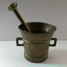 Load image into Gallery viewer, Antique Pharmacy Heavy Solid Brass Mortar And Pestle (B). Dated 1825
