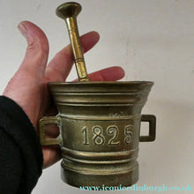 Load image into Gallery viewer, Antique Pharmacy Heavy Solid Brass Mortar And Pestle (B). Dated 1825
