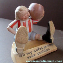 Load image into Gallery viewer, Antique Porcelain Match Holder &amp; Striker by Schafer &amp; Vater. FOOTBALLER HOLDING A FOOTBALL
