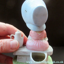 Load image into Gallery viewer, Antique Porcelain Nodder Figurine by Schafer &amp; Vater. Old Lady in Garden Drinking Tea 
