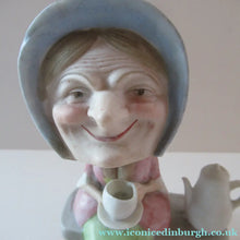 Load image into Gallery viewer, Antique Porcelain Nodder Figurine by Schafer &amp; Vater. Old Lady in Garden Drinking Tea 
