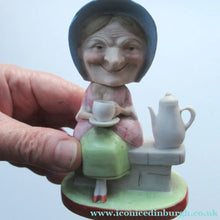 Load image into Gallery viewer, Antique Porcelain Nodder Figurine by Schafer &amp; Vater. Old Lady in Garden Drinking Tea 
