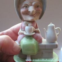 Load image into Gallery viewer, Antique Porcelain Nodder Figurine by Schafer &amp; Vater. Old Lady in Garden Drinking Tea 
