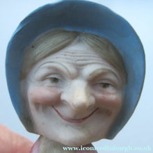 Load image into Gallery viewer, Antique Porcelain Nodder Figurine by Schafer &amp; Vater. Old Lady in Garden Drinking Tea 
