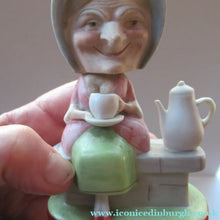 Load image into Gallery viewer, Antique Porcelain Nodder Figurine by Schafer &amp; Vater. Old Lady in Garden Drinking Tea 
