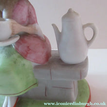 Load image into Gallery viewer, Antique Porcelain Nodder Figurine by Schafer &amp; Vater. Old Lady in Garden Drinking Tea 
