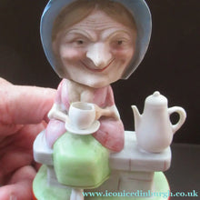 Load image into Gallery viewer, Antique Porcelain Nodder Figurine by Schafer &amp; Vater. Old Lady in Garden Drinking Tea 
