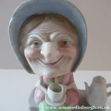 Load image into Gallery viewer, Antique Porcelain Nodder Figurine by Schafer &amp; Vater. Old Lady in Garden Drinking Tea 
