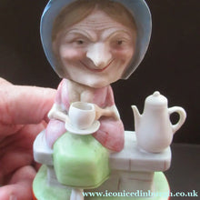 Load image into Gallery viewer, Antique Porcelain Nodder Figurine by Schafer &amp; Vater. Old Lady in Garden Drinking Tea 

