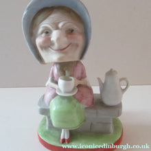 Load image into Gallery viewer, Antique Porcelain Nodder Figurine by Schafer &amp; Vater. Old Lady in Garden Drinking Tea 

