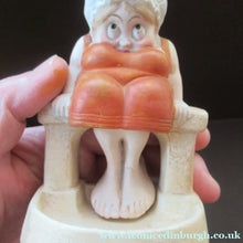 Load image into Gallery viewer, Antique Porcelain Nodder or Swinger Pin Tray by Schafer &amp; Vater. Bathing Beauty. Lady in a Orange Bathing Suit
