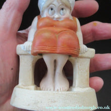 Load image into Gallery viewer, Antique Porcelain Nodder or Swinger Pin Tray by Schafer &amp; Vater. Bathing Beauty. Lady in a Orange Bathing Suit
