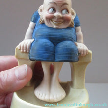 Load image into Gallery viewer, Antique Porcelain Nodder or Swinger Pin Tray by Schafer &amp; Vater. Bathing Beauty. Man in a Blue Bathing Suit 
