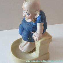 Load image into Gallery viewer, Antique Porcelain Nodder or Swinger Pin Tray by Schafer &amp; Vater. Bathing Beauty. Man in a Blue Bathing Suit 
