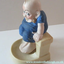 Load image into Gallery viewer, Antique Porcelain Nodder or Swinger Pin Tray by Schafer &amp; Vater. Bathing Beauty. Man in a Blue Bathing Suit 
