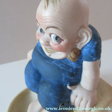 Load image into Gallery viewer, Antique Porcelain Nodder or Swinger Pin Tray by Schafer &amp; Vater. Bathing Beauty. Man in a Blue Bathing Suit 
