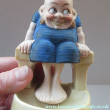 Load image into Gallery viewer, Antique Porcelain Nodder or Swinger Pin Tray by Schafer &amp; Vater. Bathing Beauty. Man in a Blue Bathing Suit 
