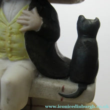 Load image into Gallery viewer, Antique Porcelain Nodder or Swinger Pin Tray by Schafer &amp; Vater. Boy Wearing Yellow Straw Hat with Black Cat
