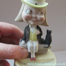 Load image into Gallery viewer, Antique Porcelain Nodder or Swinger Pin Tray by Schafer &amp; Vater. Boy Wearing Yellow Straw Hat with Black Cat

