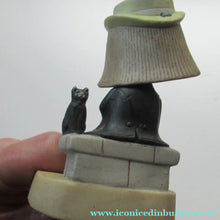 Load image into Gallery viewer, Antique Porcelain Nodder or Swinger Pin Tray by Schafer &amp; Vater. Boy Wearing Yellow Straw Hat with Black Cat
