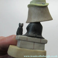 Load image into Gallery viewer, Antique Porcelain Nodder or Swinger Pin Tray by Schafer &amp; Vater. Boy Wearing Yellow Straw Hat with Black Cat
