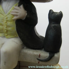 Load image into Gallery viewer, Antique Porcelain Nodder or Swinger Pin Tray by Schafer &amp; Vater. Boy Wearing Yellow Straw Hat with Black Cat
