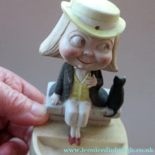 Load image into Gallery viewer, Antique Porcelain Nodder or Swinger Pin Tray by Schafer &amp; Vater. Boy Wearing Yellow Straw Hat with Black Cat
