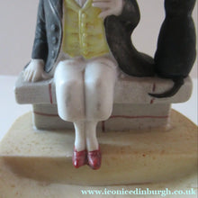 Load image into Gallery viewer, Antique Porcelain Nodder or Swinger Pin Tray by Schafer &amp; Vater. Boy Wearing Yellow Straw Hat with Black Cat
