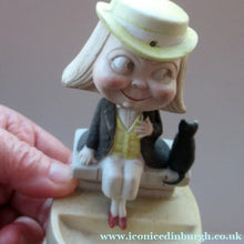 Load image into Gallery viewer, Antique Porcelain Nodder or Swinger Pin Tray by Schafer &amp; Vater. Boy Wearing Yellow Straw Hat with Black Cat
