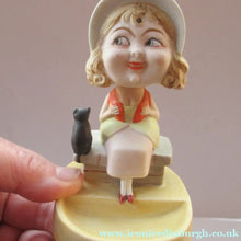 Load image into Gallery viewer, Antique Porcelain Nodder or Swinger Pin Tray by Schafer &amp; Vater. Girl in Bonnet with Black Cat 
