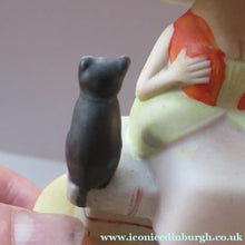 Load image into Gallery viewer, Antique Porcelain Nodder or Swinger Pin Tray by Schafer &amp; Vater. Girl in Bonnet with Black Cat 
