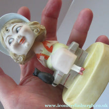Load image into Gallery viewer, Antique Porcelain Nodder or Swinger Pin Tray by Schafer &amp; Vater. Girl in Bonnet with Black Cat 
