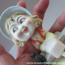 Load image into Gallery viewer, Antique Porcelain Nodder or Swinger Pin Tray by Schafer &amp; Vater. Girl in Bonnet with Black Cat 
