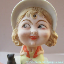 Load image into Gallery viewer, Antique Porcelain Nodder or Swinger Pin Tray by Schafer &amp; Vater. Girl in Bonnet with Black Cat 
