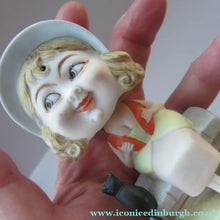 Load image into Gallery viewer, Antique Porcelain Nodder or Swinger Pin Tray by Schafer &amp; Vater. Girl in Bonnet with Black Cat 
