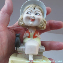 Load image into Gallery viewer, Antique Porcelain Nodder or Swinger Pin Tray by Schafer &amp; Vater. Girl in Bonnet with Black Cat 
