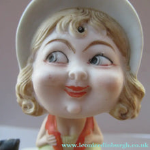 Load image into Gallery viewer, Antique Porcelain Nodder or Swinger Pin Tray by Schafer &amp; Vater. Girl in Bonnet with Black Cat 
