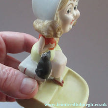 Load image into Gallery viewer, Antique Porcelain Nodder or Swinger Pin Tray by Schafer &amp; Vater. Girl in Bonnet with Black Cat 
