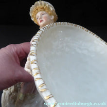 Load image into Gallery viewer, Antique ROYAL WORCESTER James Hadley Figurine after Kate Greenaway. Lady Carrying a Large Wicket Basket; c 1902
