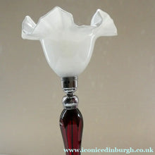 Load image into Gallery viewer,  EDWARDIAN Ruby Red Glass Lamp with White Glass Shade with Wavy Rim 
