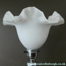 Load image into Gallery viewer,  EDWARDIAN Ruby Red Glass Lamp with White Glass Shade with Wavy Rim 
