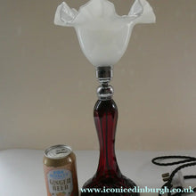 Load image into Gallery viewer,  EDWARDIAN Ruby Red Glass Lamp with White Glass Shade with Wavy Rim 
