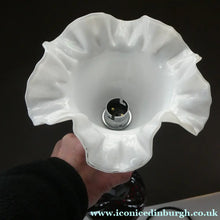 Load image into Gallery viewer,  EDWARDIAN Ruby Red Glass Lamp with White Glass Shade with Wavy Rim 
