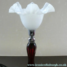 Load image into Gallery viewer,  EDWARDIAN Ruby Red Glass Lamp with White Glass Shade with Wavy Rim 
