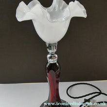 Load image into Gallery viewer,  EDWARDIAN Ruby Red Glass Lamp with White Glass Shade with Wavy Rim 
