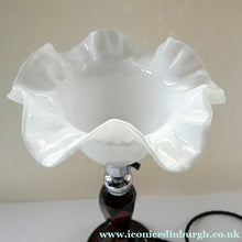Load image into Gallery viewer,  EDWARDIAN Ruby Red Glass Lamp with White Glass Shade with Wavy Rim 
