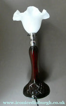 Load image into Gallery viewer,  EDWARDIAN Ruby Red Glass Lamp with White Glass Shade with Wavy Rim 
