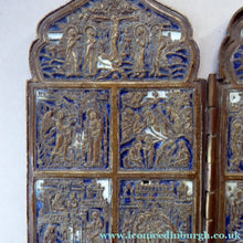Load image into Gallery viewer, Antique RUSSIAN Orthodox Polychrome Enameled Brass PILGRIMS Travelling Icon
